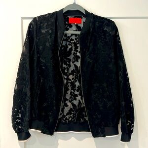 Clover Canyon black floral mesh bomber jacket